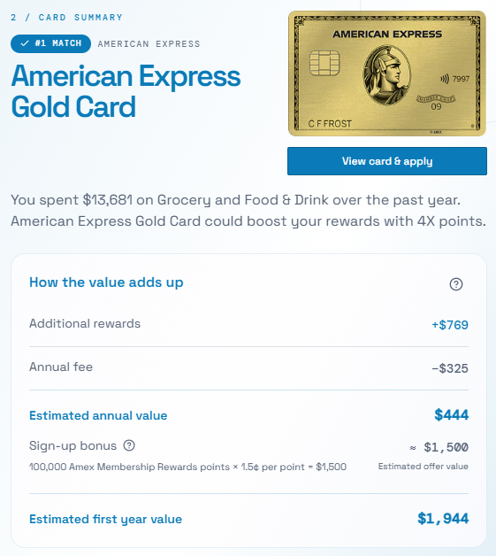 Card summary for an American Express Gold Card, including reward value and estimated first-year value.